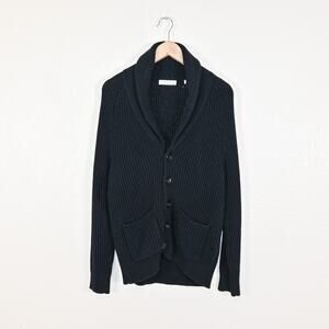 Sandro Paris Men's Shawl Collar Cardigan Sweater Heavy cotton knit Navy Small